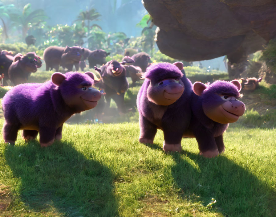 Purple animated gorillas in sunlit clearing with family in background