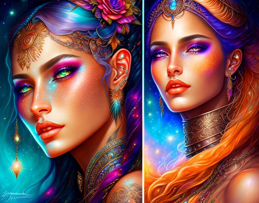 Fantasy women with blue and red hair, ornate jewelry, starry makeup in cosmic setting