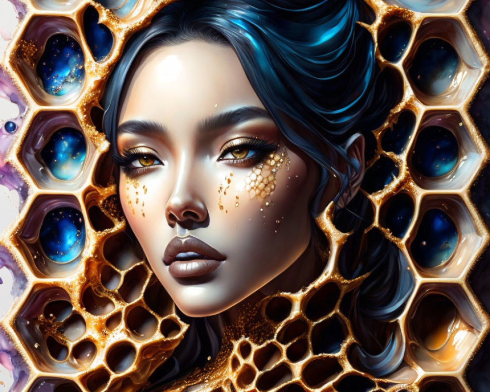 Digital artwork: Woman with honeycomb patterns and galaxy-themed eyes