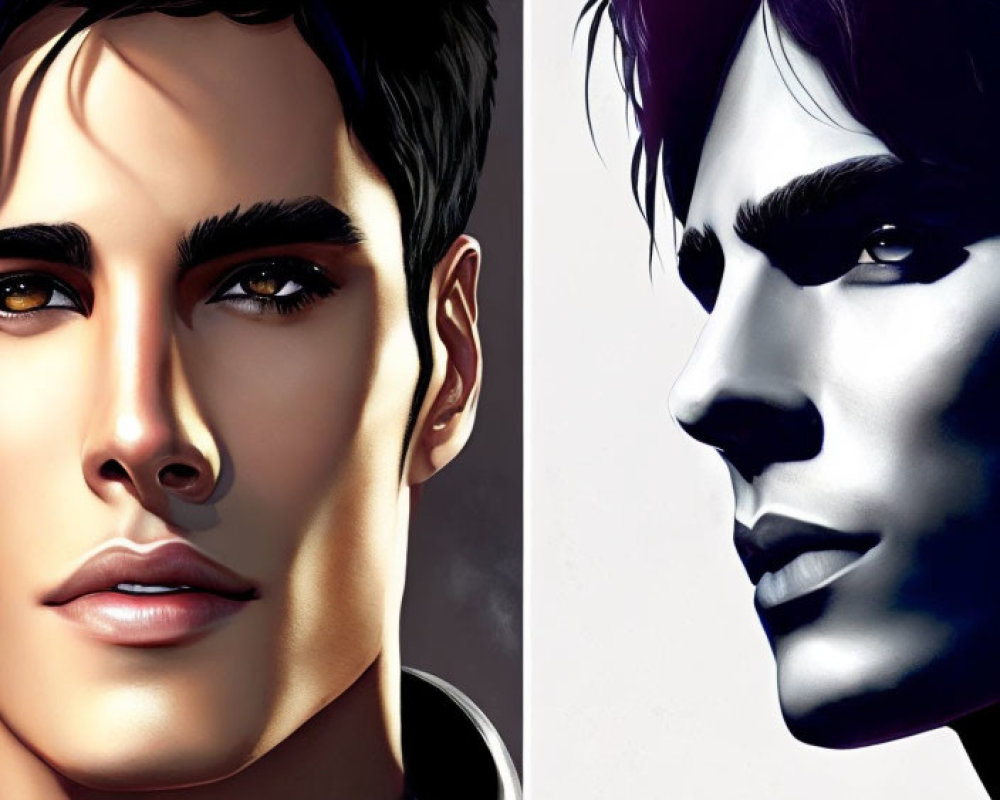 Split Design Male Face Artwork: Color vs. Monochrome