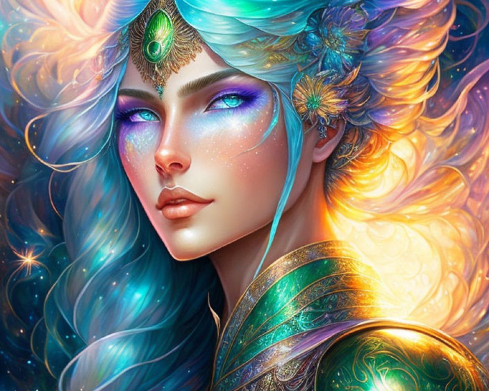 Fantasy female character with blue hair in golden armor.
