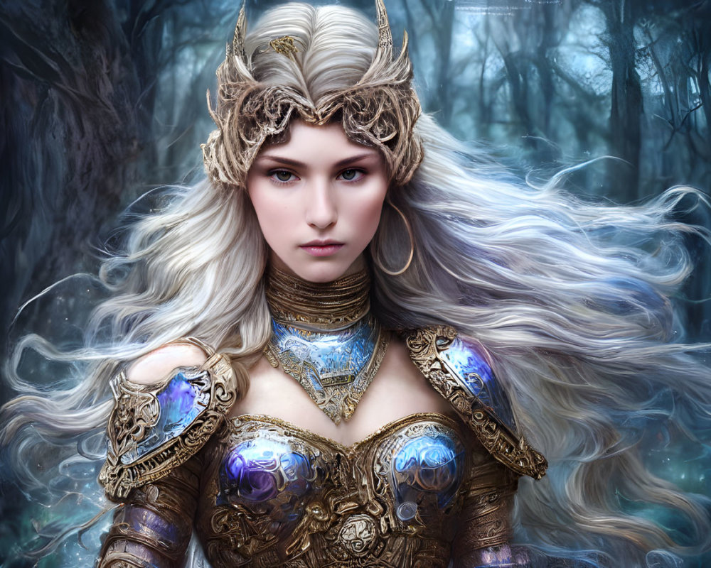 Regal female character with white hair in golden armor in enchanted forest