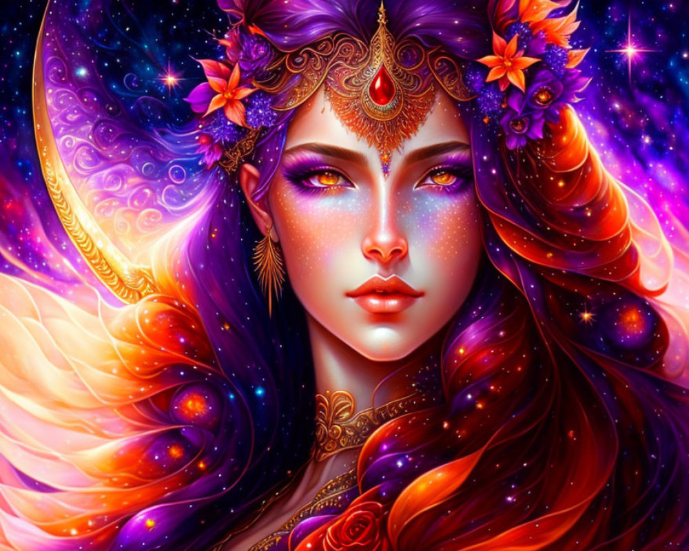 Fantastical purple-skinned woman with floral headdress and cosmic hair.