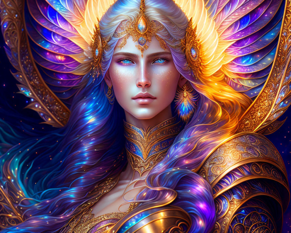 Illustration: Mystical woman in golden armor with cosmic hair & blue eyes