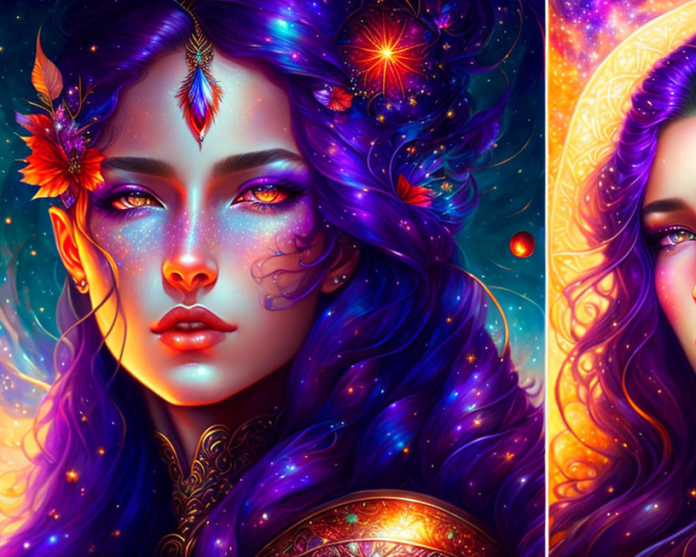 Illustration of mystical woman with purple hair and cosmic background.