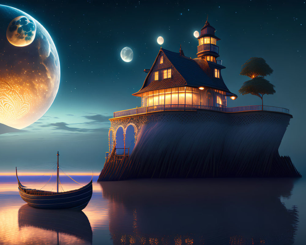Cliffside lighthouse at night with moonlit sky