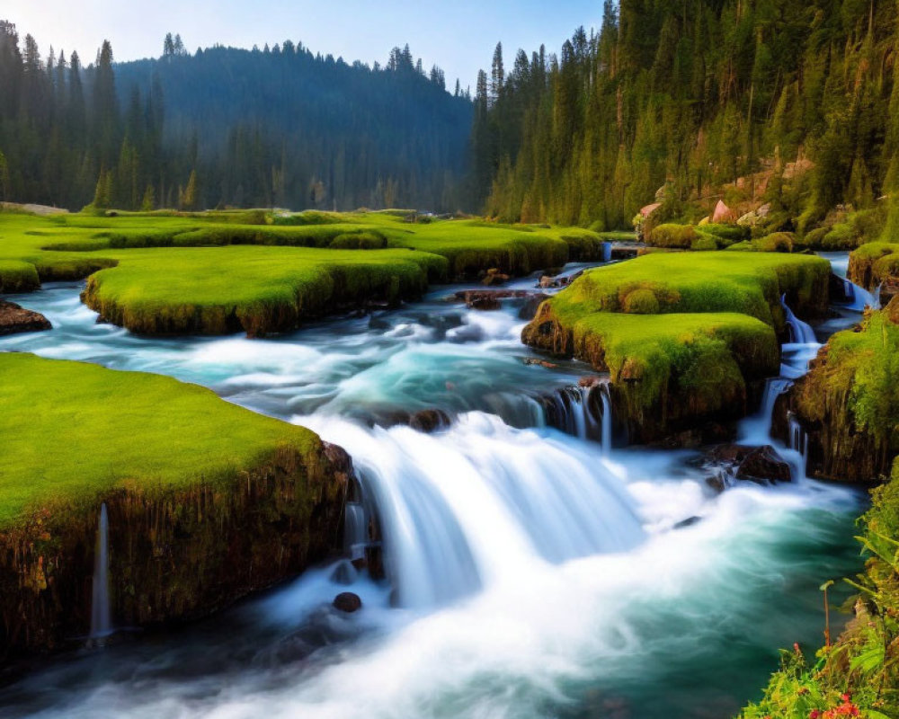Tranquil River Flowing Through Mossy Rocks in Lush Green Landscape