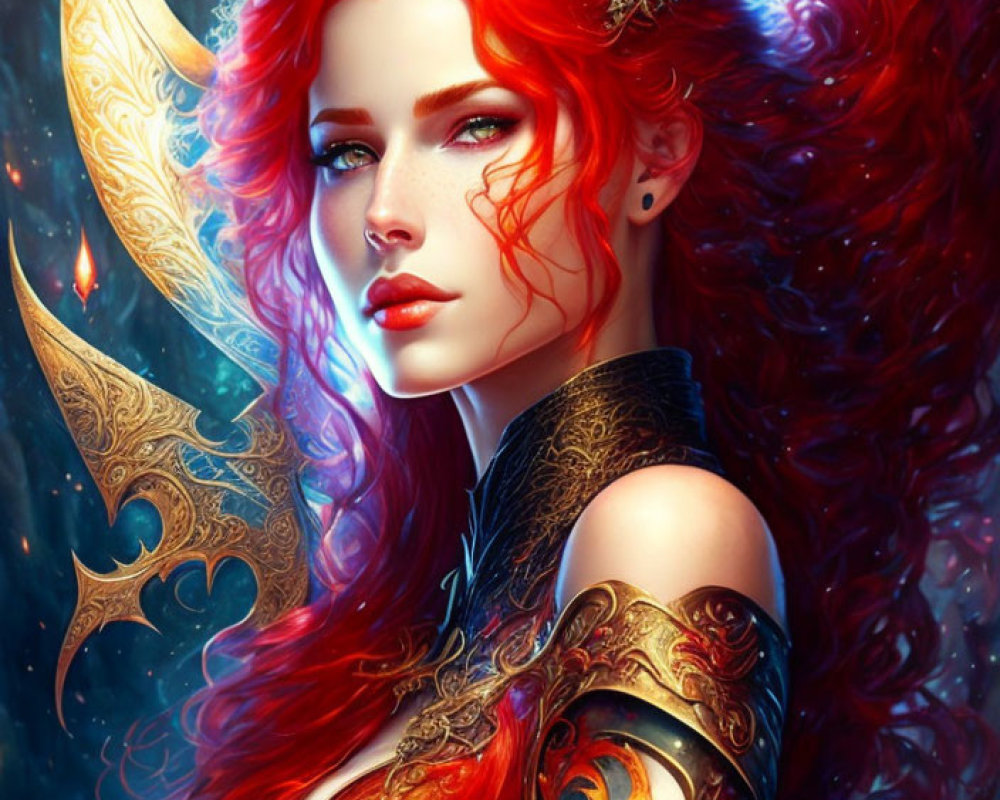 Fantasy Female Character with Red Hair in Gold Armor on Cosmic Background
