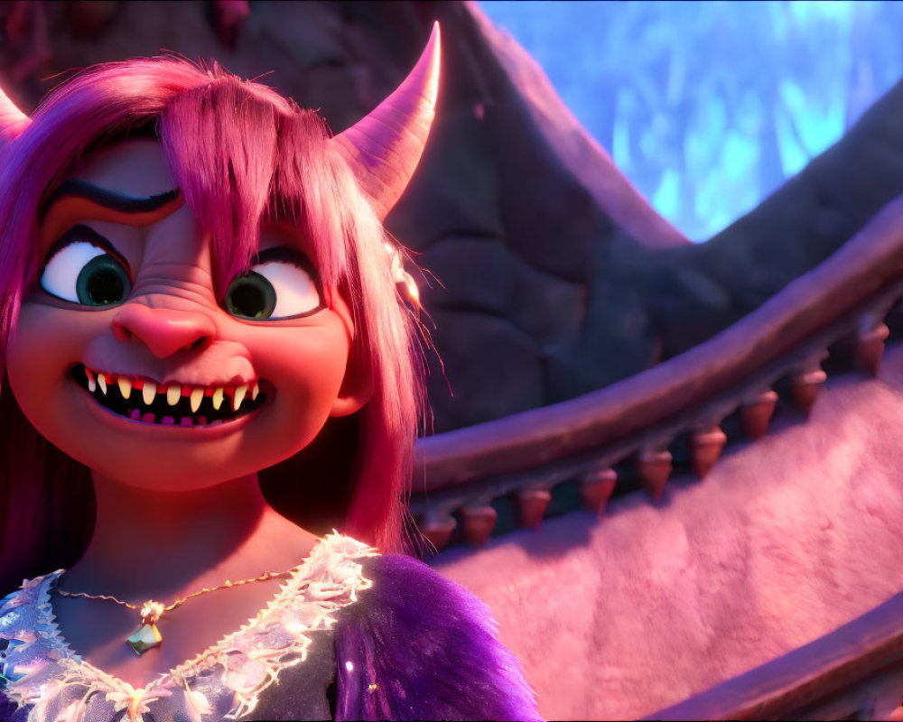 Smiling purple female creature with horns and pink hair on moody backdrop