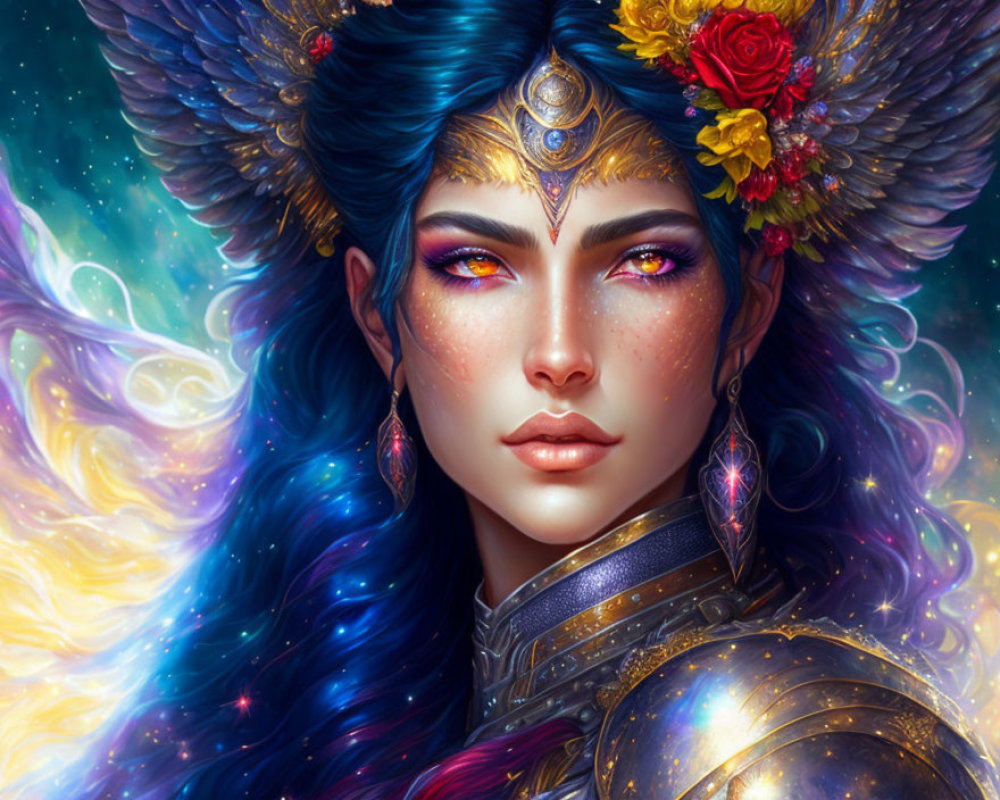 Fantasy portrait of woman with blue feathered hair in armor, adorned with flowers and jewels, set