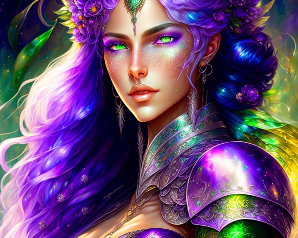 Fantasy illustration of woman with purple hair and green eyes in golden armor