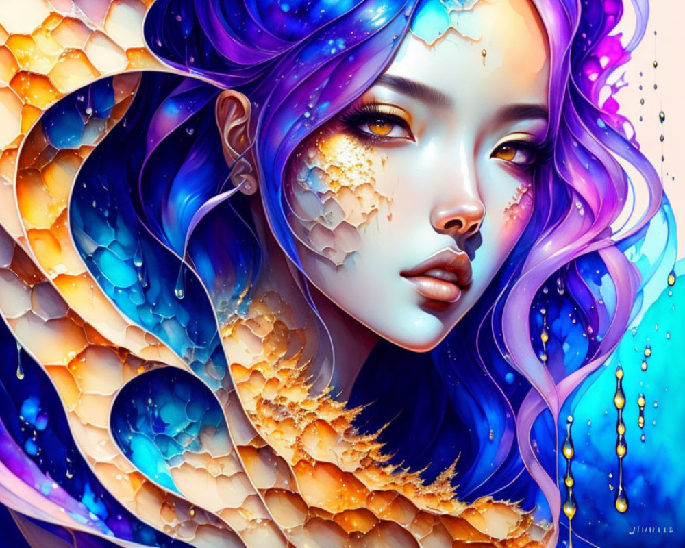 Colorful digital artwork featuring woman with blue and purple hair and honeycomb textures merging with skin, highlighted