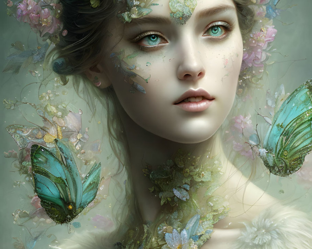 Fantasy portrait of woman with floral and butterfly adornments