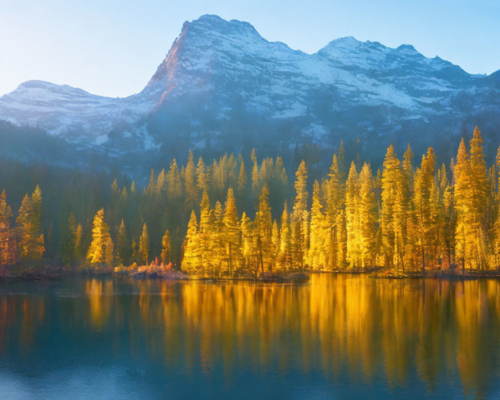 Serene mountain lake at sunrise with golden larch trees and snow-dusted peaks