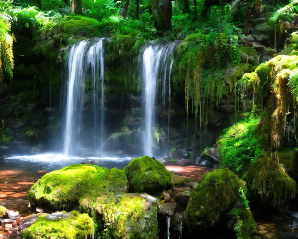 Tranquil waterfall cascading over moss-covered rocks in serene forest pool