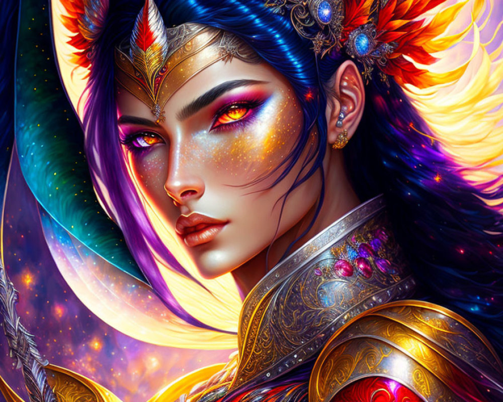 Colorful fantasy artwork of woman with vibrant makeup and ornate armor, feathers, jewels, and cosmic