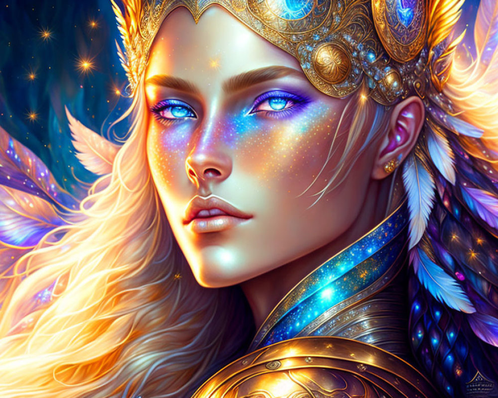 Fantasy illustration of female character with blue eyes and golden headgear in celestial setting