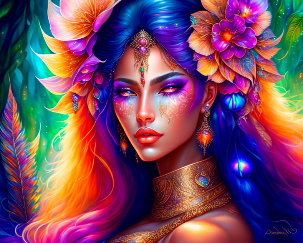 Colorful Woman with Floral and Feather Hair Accessories and Body Jewelry