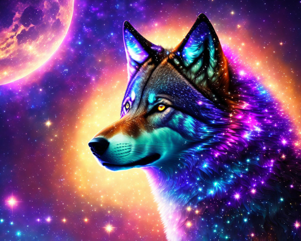 Colorful Cosmic Wolf Digital Art Against Space Backdrop