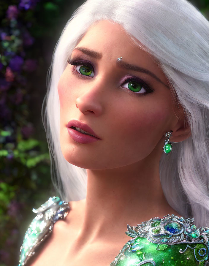Digital artwork of woman with white hair, green eyes, and ornate jewelry in purple flower setting