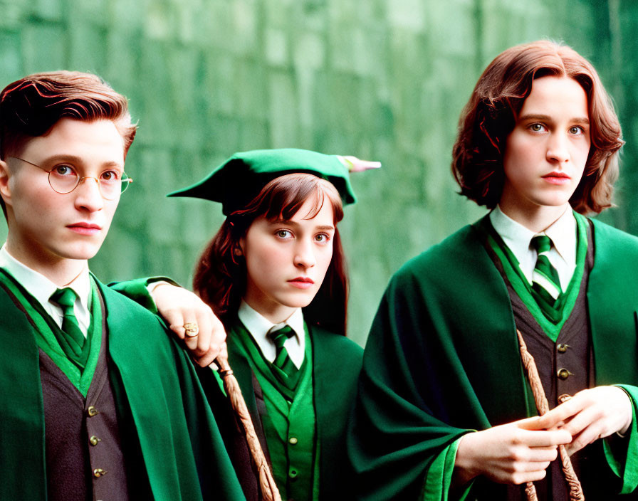 Three young people in green robes and graduation hats on green background
