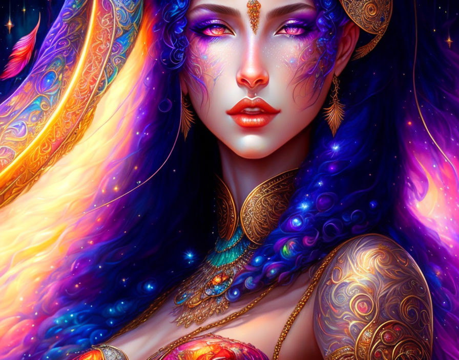 Digital Art: Woman with Cosmic Hair and Gold Jewelry