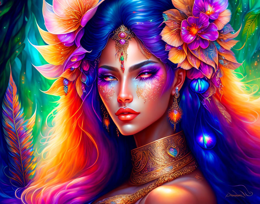 Colorful Woman with Floral and Feather Hair Accessories and Body Jewelry