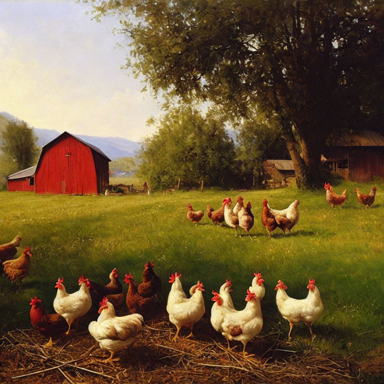 Rustic scene with chickens, red barn, and lush greenery in soft sunlight