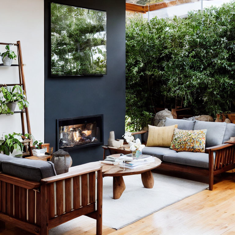 Cozy living room with fireplace, green plants, wooden furniture, and tree view