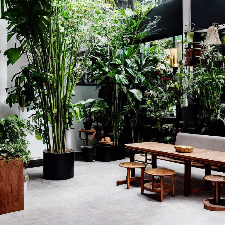 Lush green plants and wooden furniture in cozy urban jungle setting