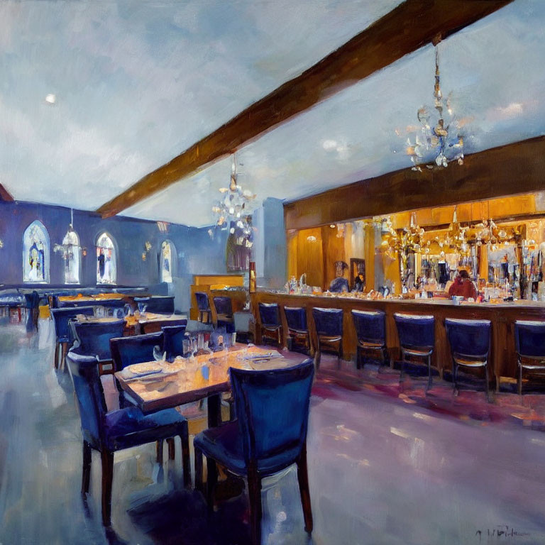 Impressionist painting of elegant restaurant interior with chandeliers, bar area, and blue chairs.