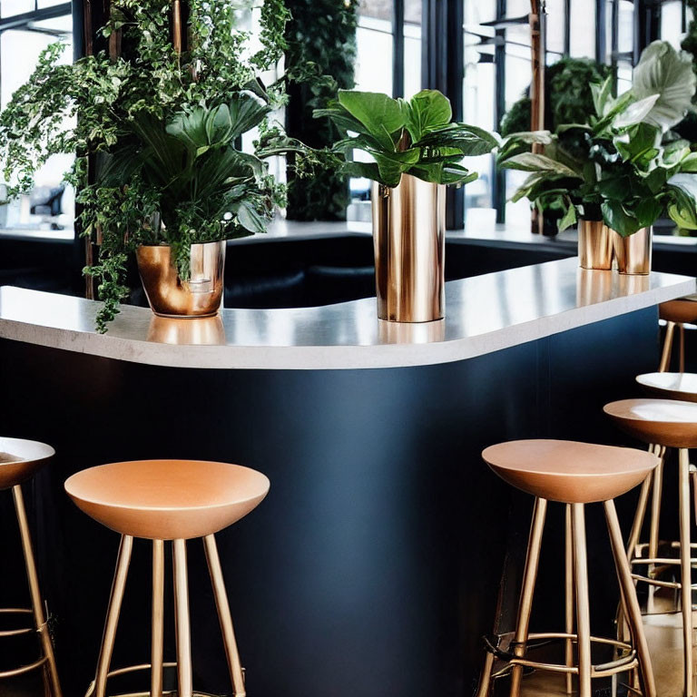 Sleek black bar counter and tan stools in modern café interior
