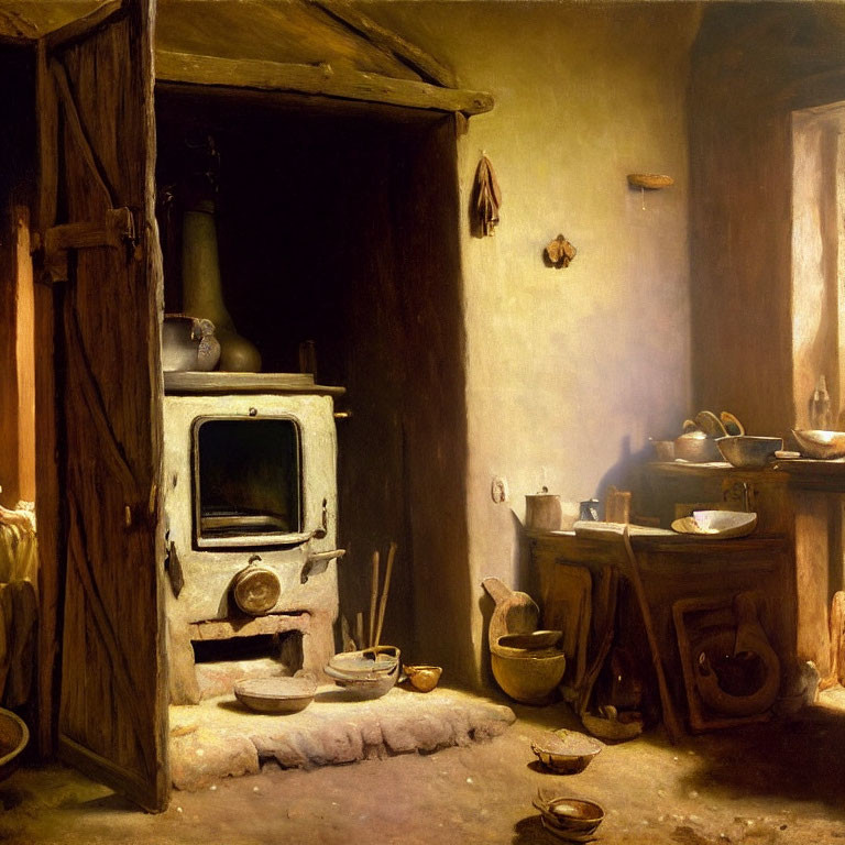 Rustic kitchen interior with wood-burning stove and pottery