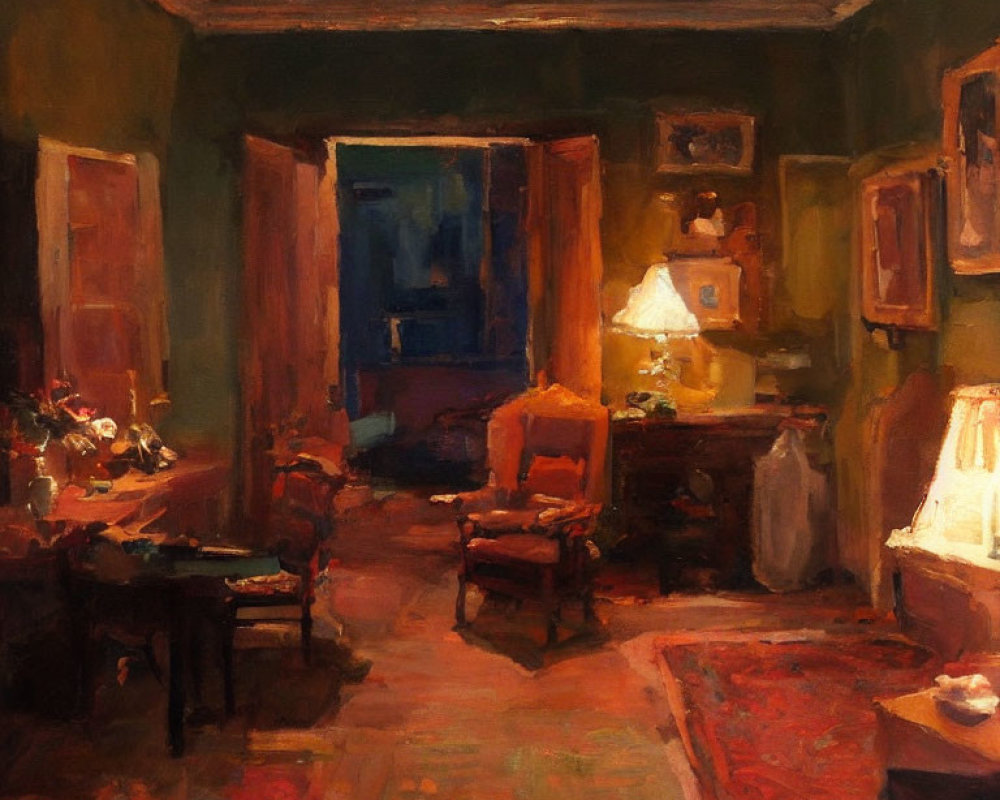 Impressionistic painting of cozy interior room with warm lighting
