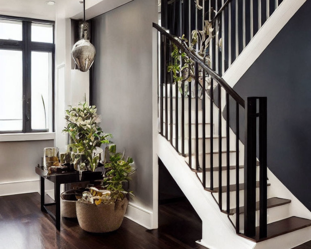 Modern staircase with black railings, white accents, dark hardwood floors, decorative plants, stylish furniture,