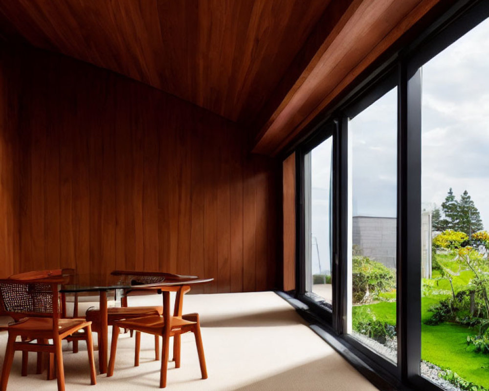 Modern Room with Wooden Walls, Tatami Floor, Large Window, and Minimalist Table