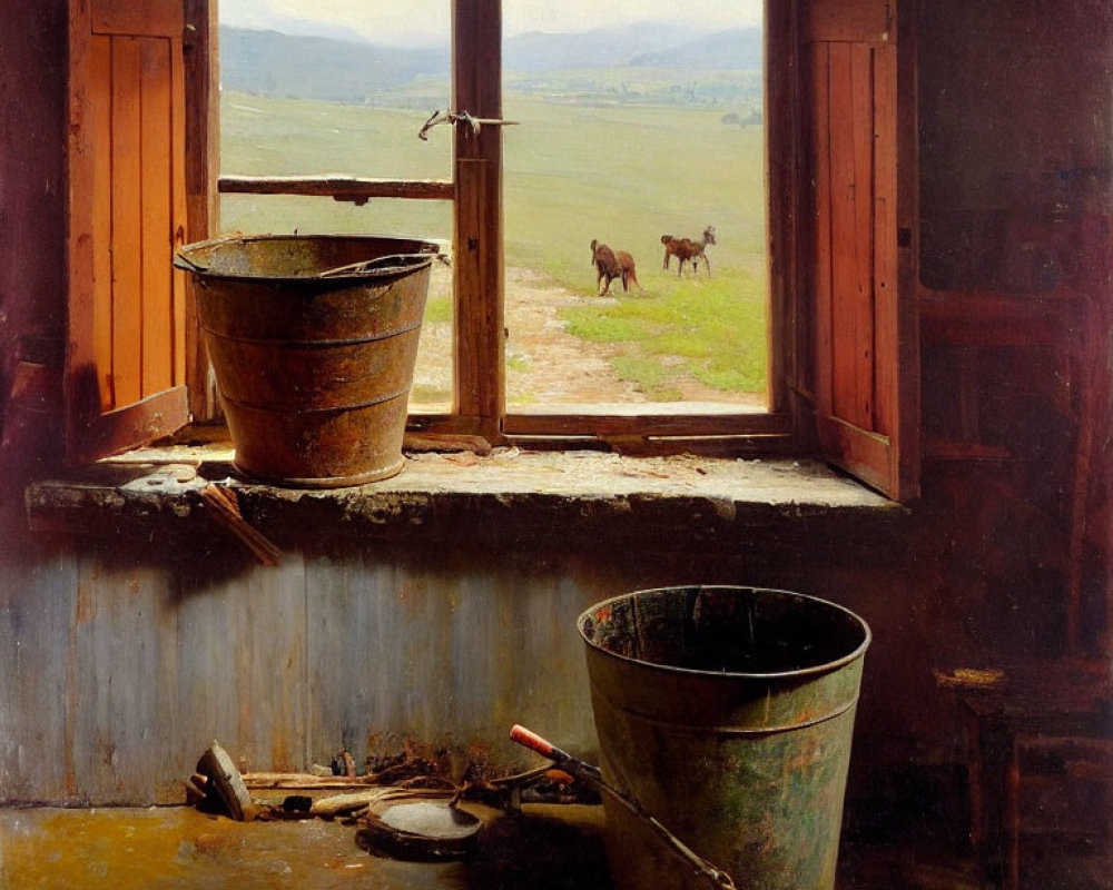 Rustic windowsill with metal buckets and debris overlooking serene horse landscape