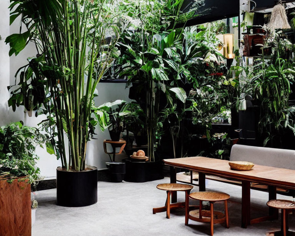 Lush green plants and wooden furniture in cozy urban jungle setting