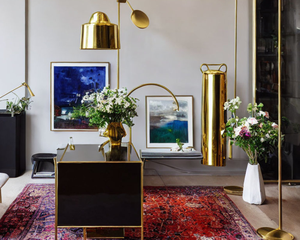 Stylish interior with brass accents, red rug, artworks, and fresh flowers