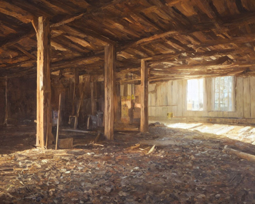 Sunlit wooden barn with hay-covered floor and rustic beams