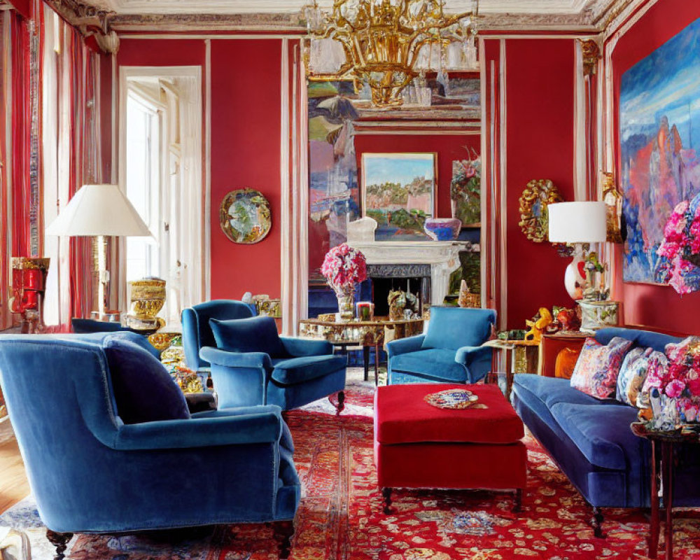 Luxurious Living Room with Red Walls, Gold Trim, Velvet Chairs, Chandelier, Artwork,