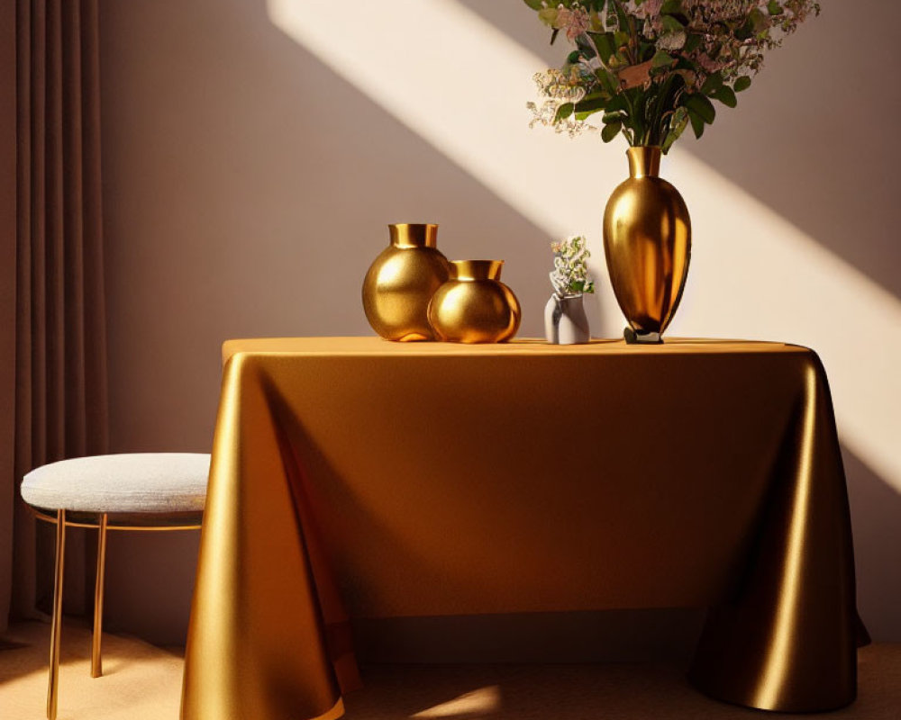 Luxurious Interior Decor with Gold Table, Vases, Flowers, and Bench
