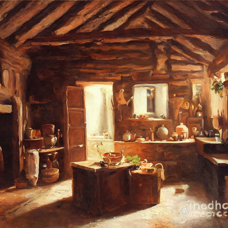 Rustic interior with wooden beams and pottery in natural light