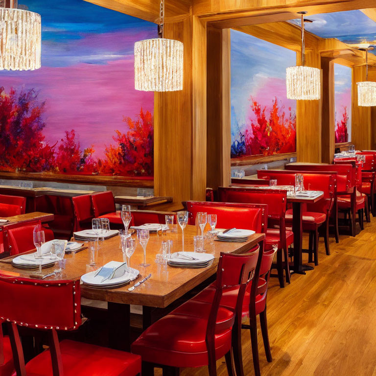 Colorful Restaurant Interior with Red Chairs, Set Tables, Wooden Pillars, & Sunset Wall Mural