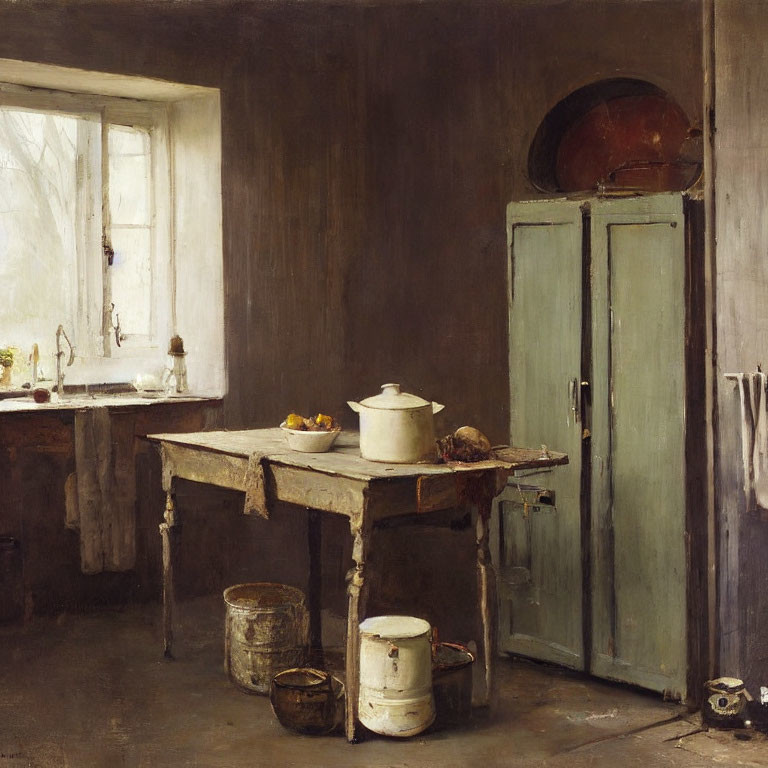Rustic kitchen scene with worn furniture, cooking pots, wooden table, fruit, and daylight window