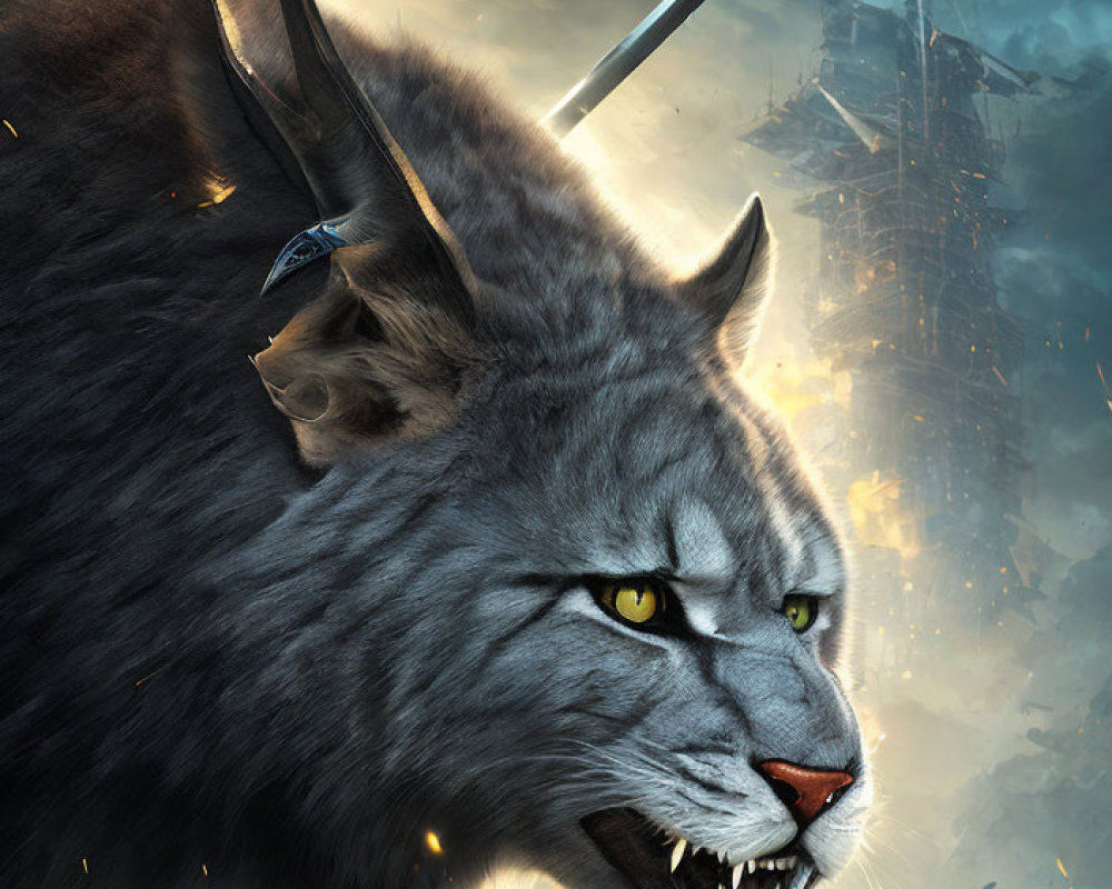 Glowing-eyed giant cat roars in dystopian scene with armored figure and spear