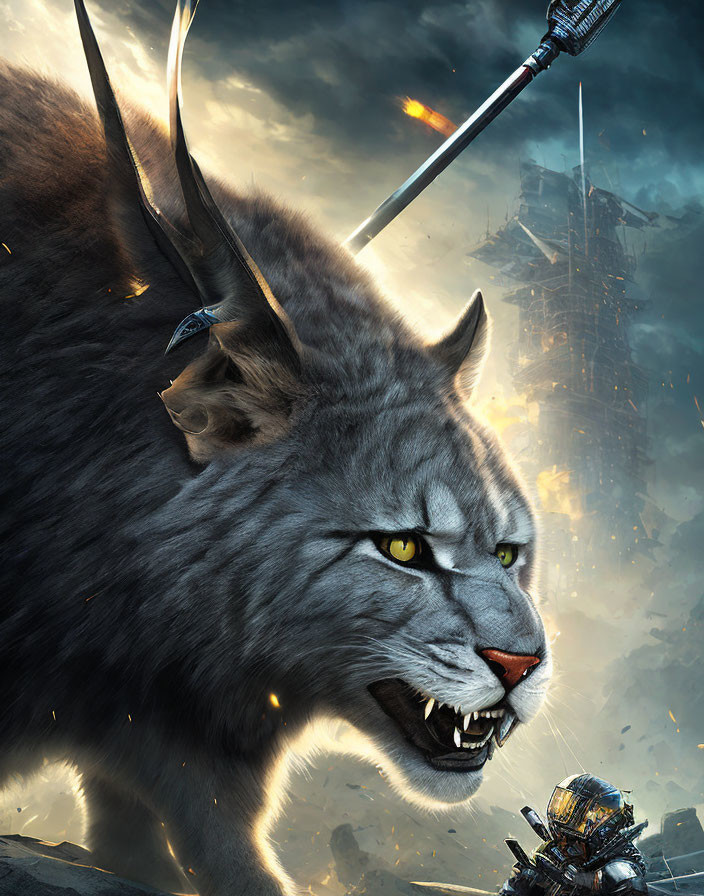 Glowing-eyed giant cat roars in dystopian scene with armored figure and spear
