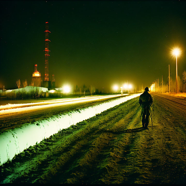Person walking on snowy road at night with lit industrial tower and greenish sky