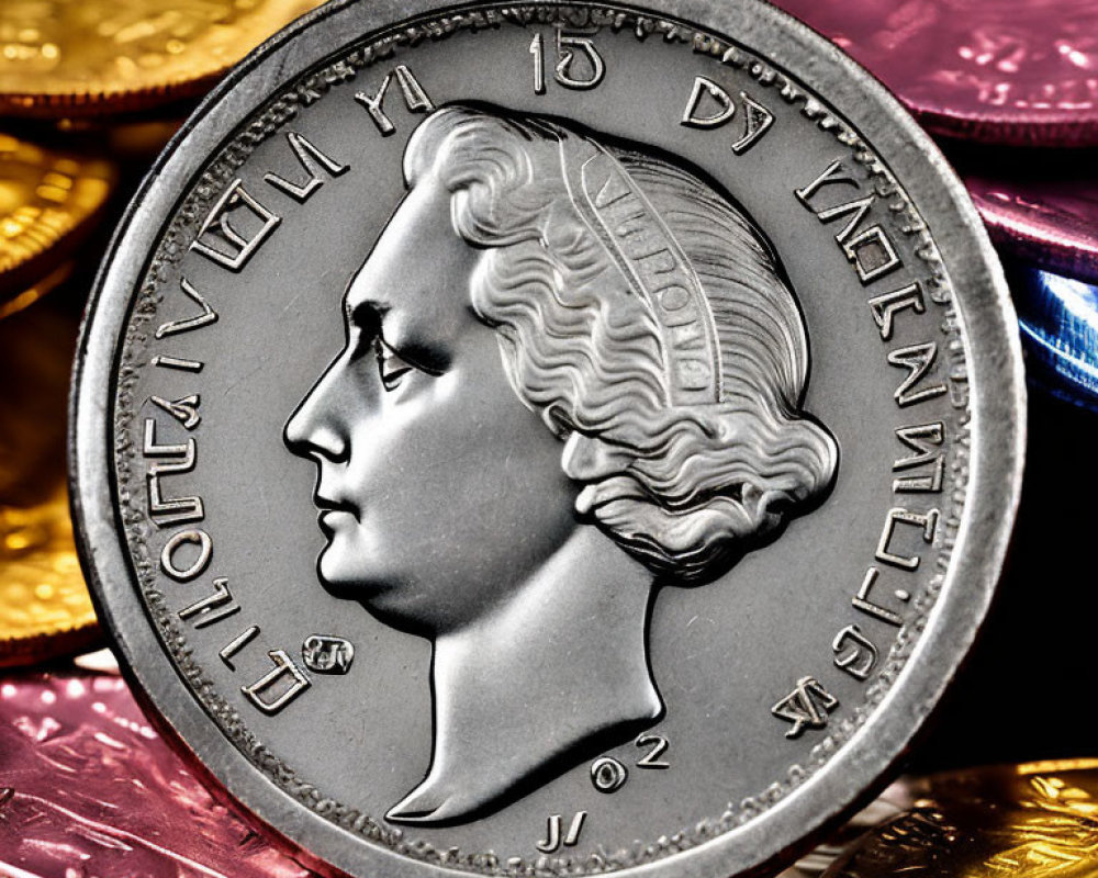 Detailed close-up of historical figure profile on colorful coin array