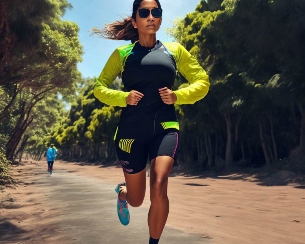 Two runners on forest trail: woman in sportswear and sunglasses running, with another runner in background